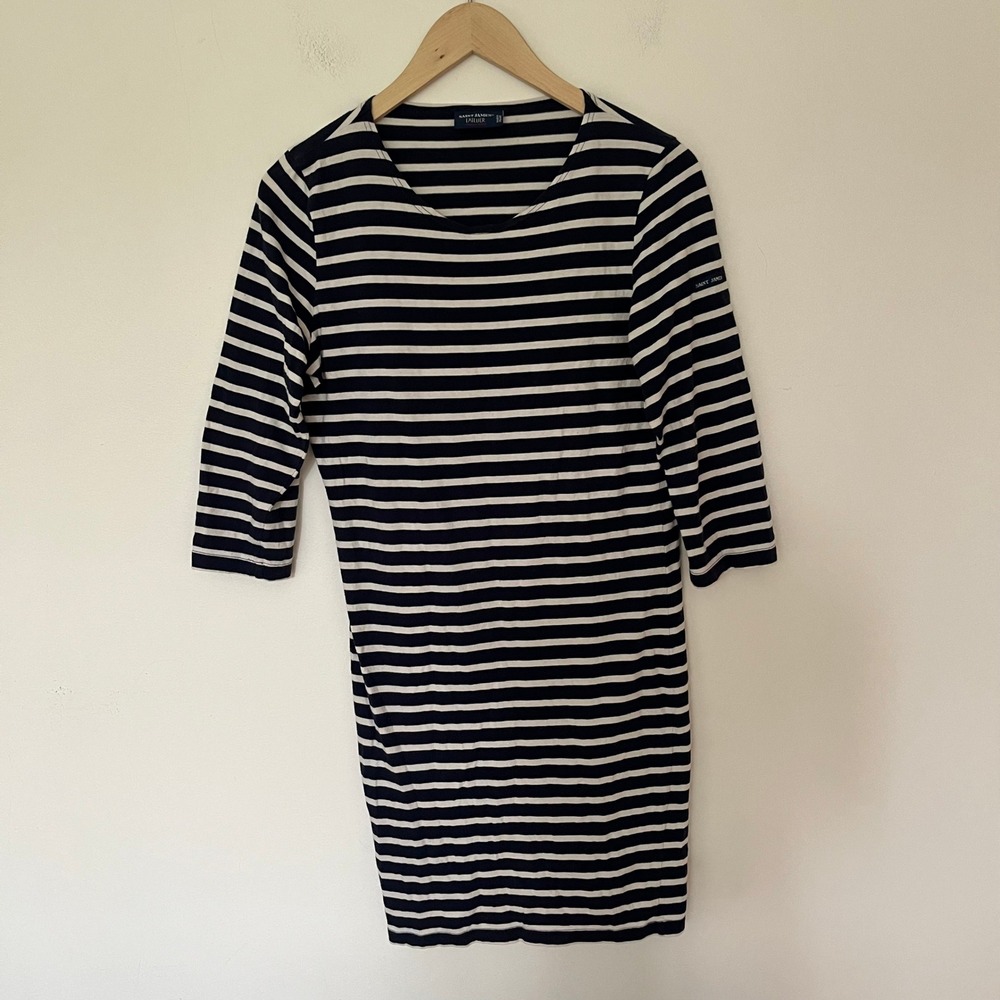 Saint James LAtelier Navy Blue White Breton Striped 3/4 Sleeve Mini Dress France